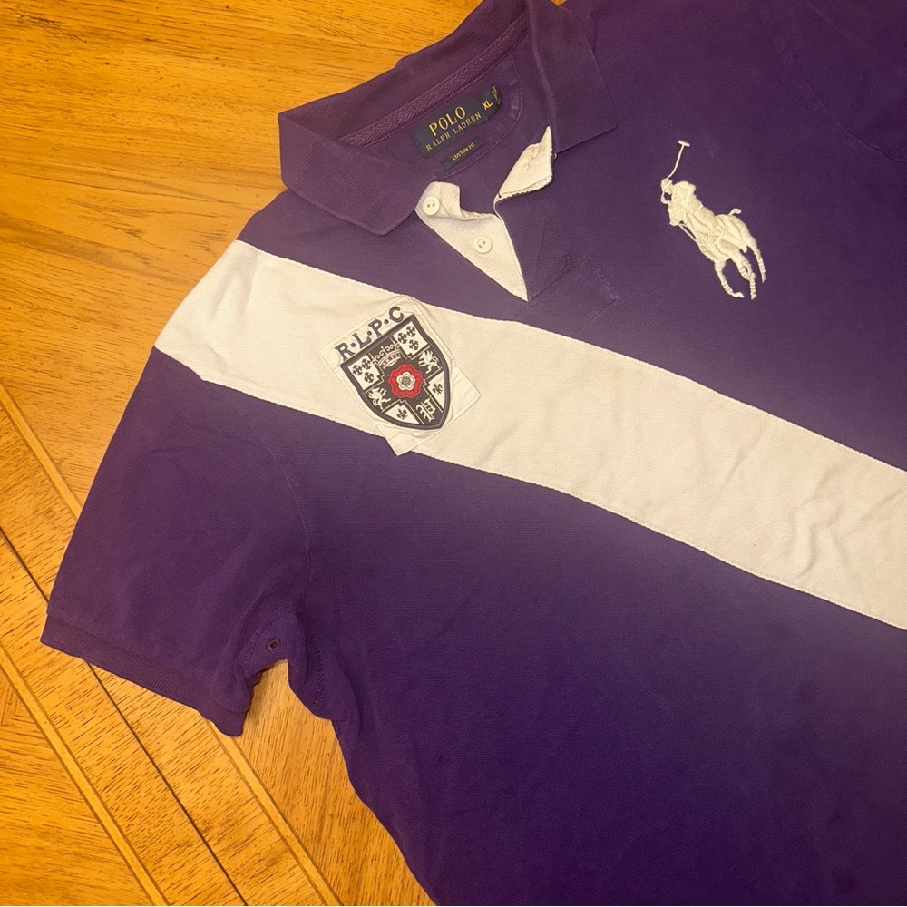 Polo Ralph Lauren Stripe Rugby Shirt Custom Fit XL Big Pony RLPC Crest Purple
